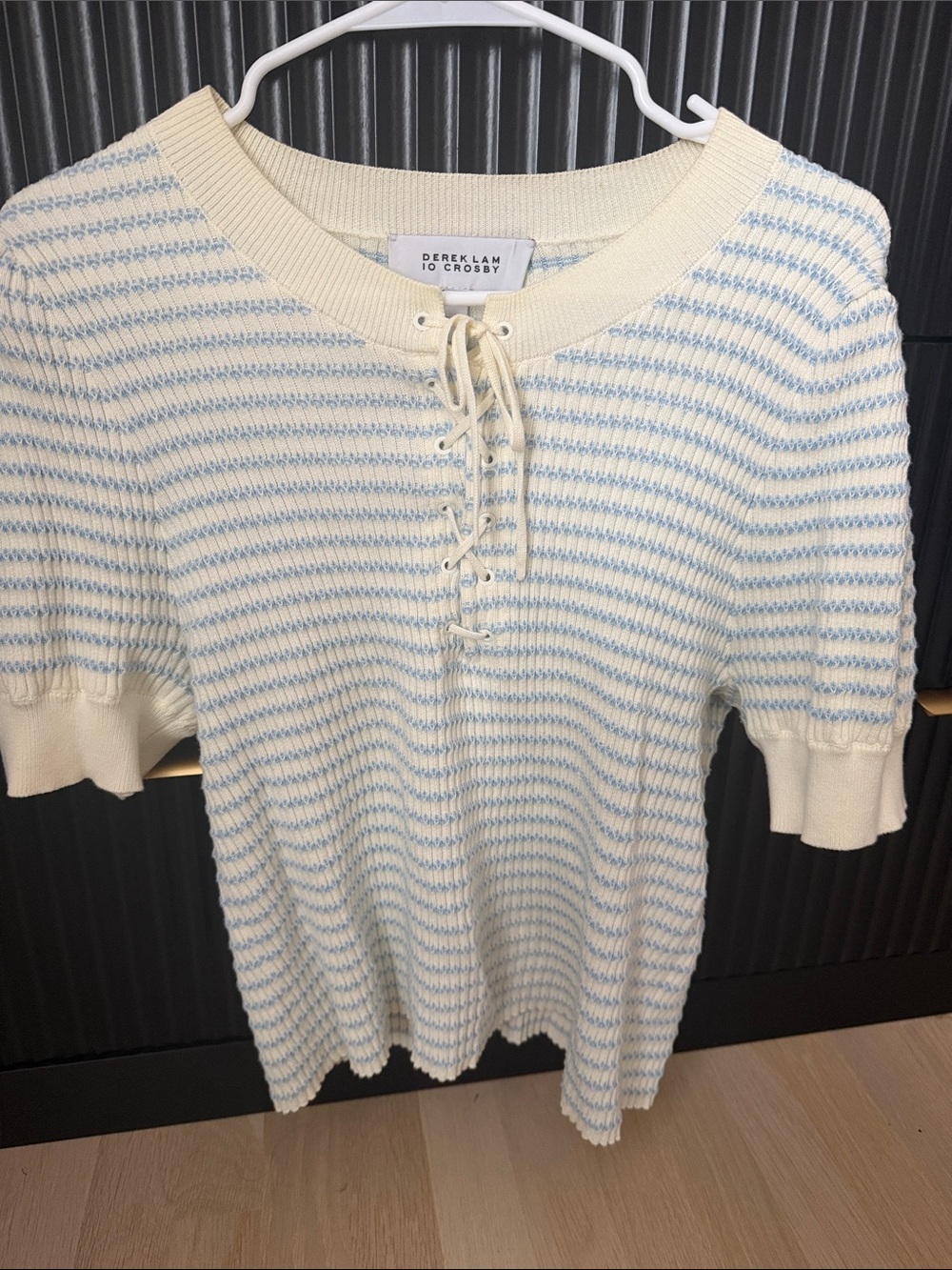10 Crosby Derek Lam Cream and Light Blue Striped Lace-Up Knit Top